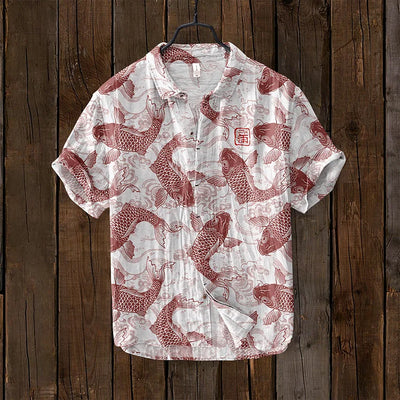 Ogie - Camisa de Lino con Diseño Artístico Inspirado en Peces Vintage