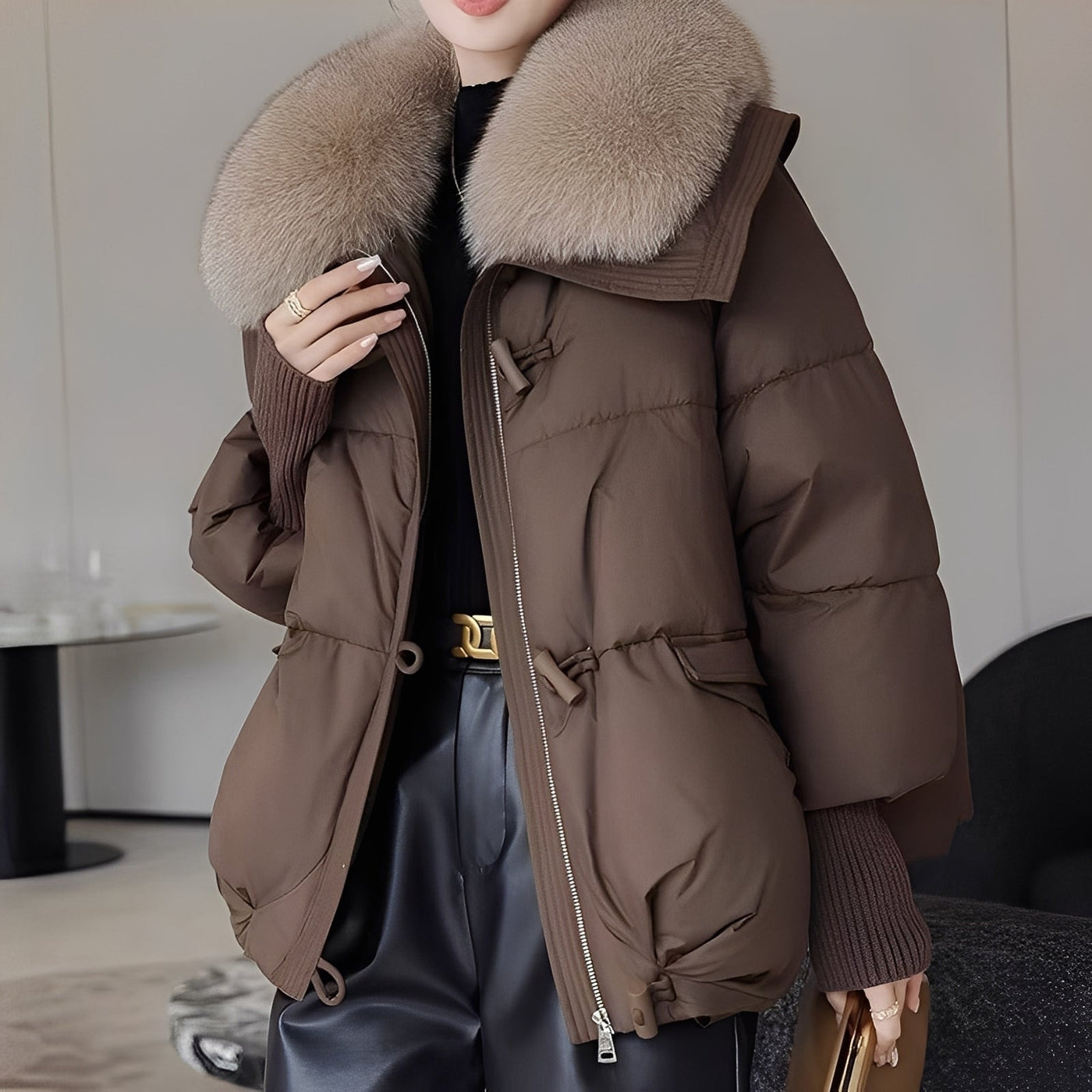 Victoria - elegante chaqueta de plumas rompevientos con cuello de piel para mujeres