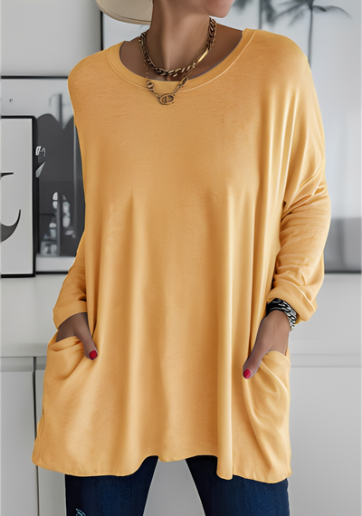Krystle - Camiseta de manga larga suelta con bolsillos para mujer