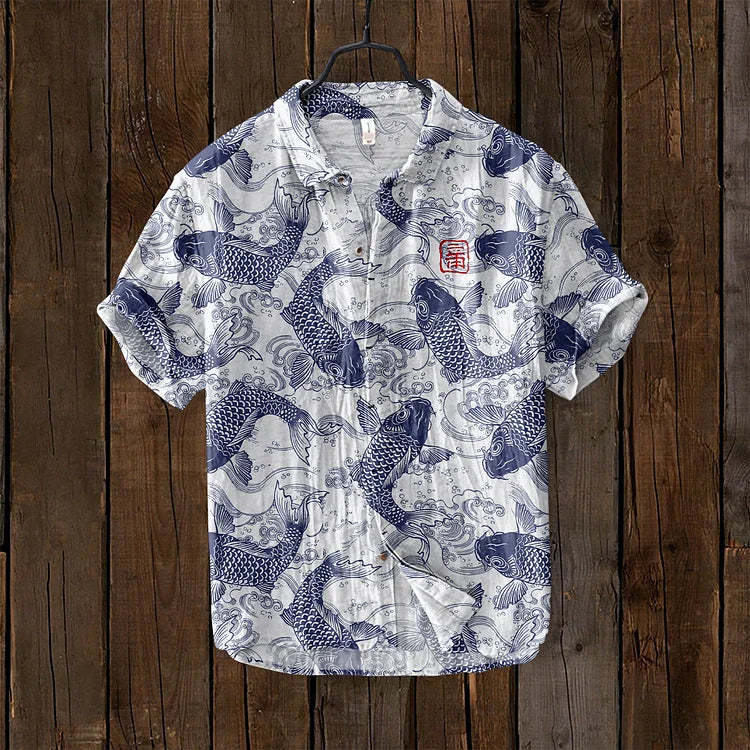 Ogie - Camisa de Lino con Diseño Artístico Inspirado en Peces Vintage