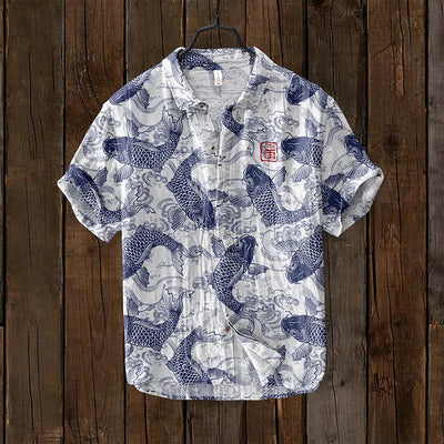 Ogie - Camisa de Lino con Diseño Artístico Inspirado en Peces Vintage