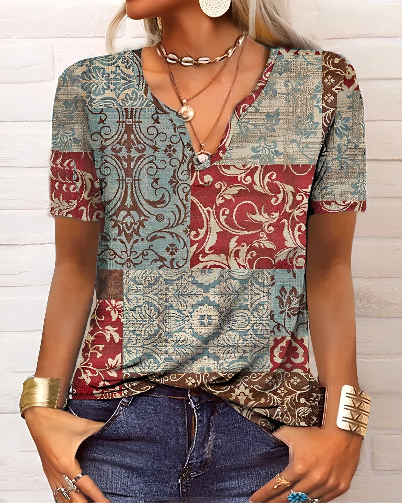 Denise - Blusa boho con cuello en V y botones para mujer