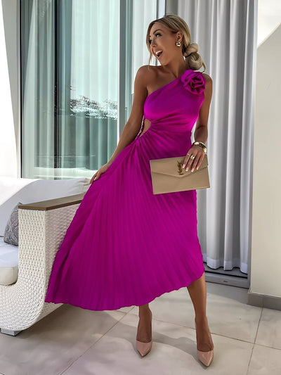 Rachael - Elegante vestido plisado con área de hombros floral para mujeres