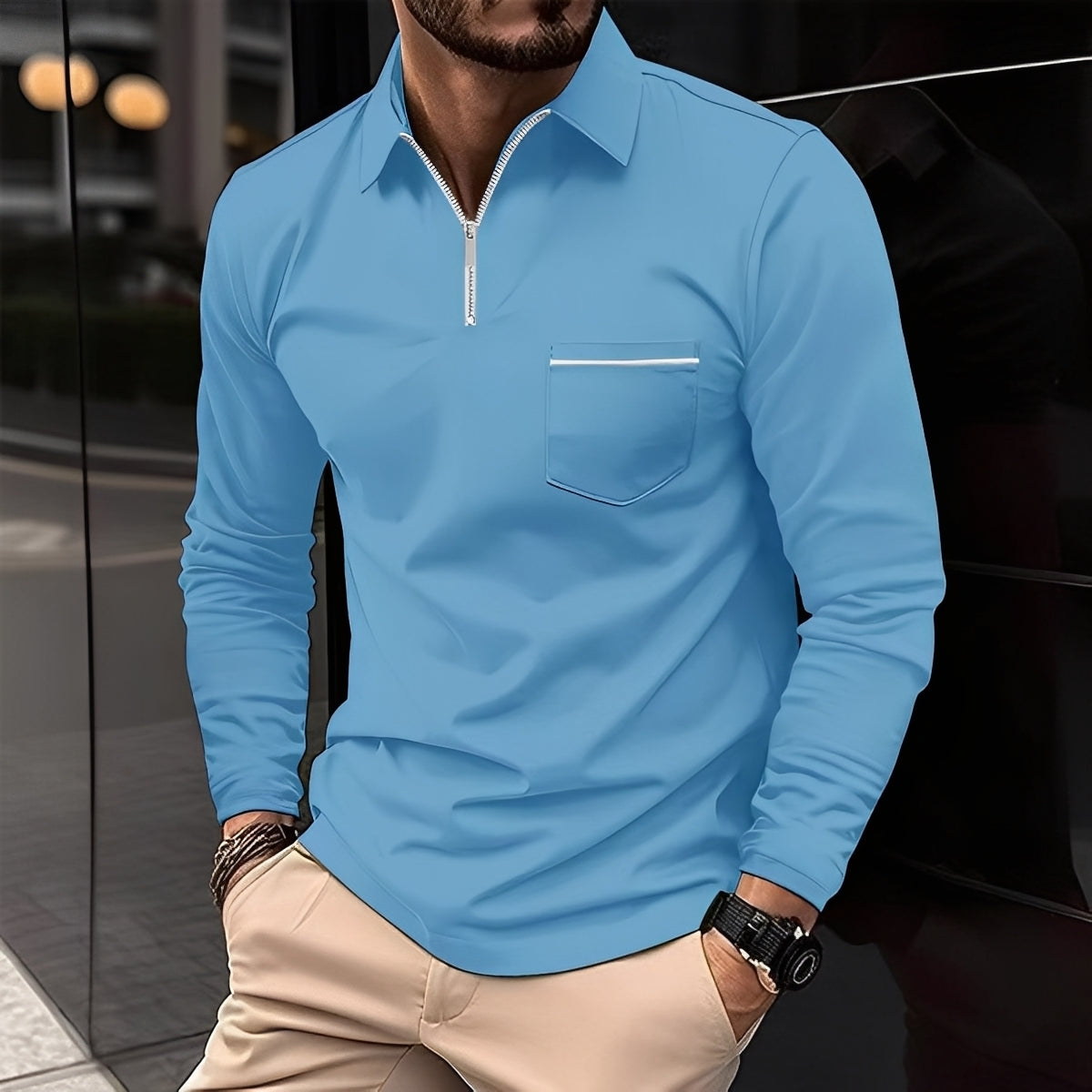Bernard - Camisa Polo de Manga Larga Casual con Bolsillo para Hombres