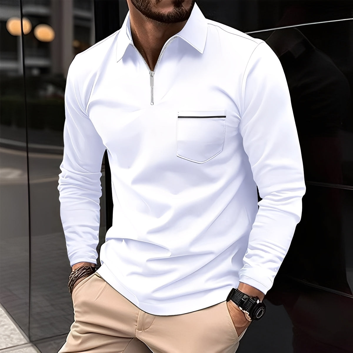 Bernard - Camisa Polo de Manga Larga Casual con Bolsillo para Hombres