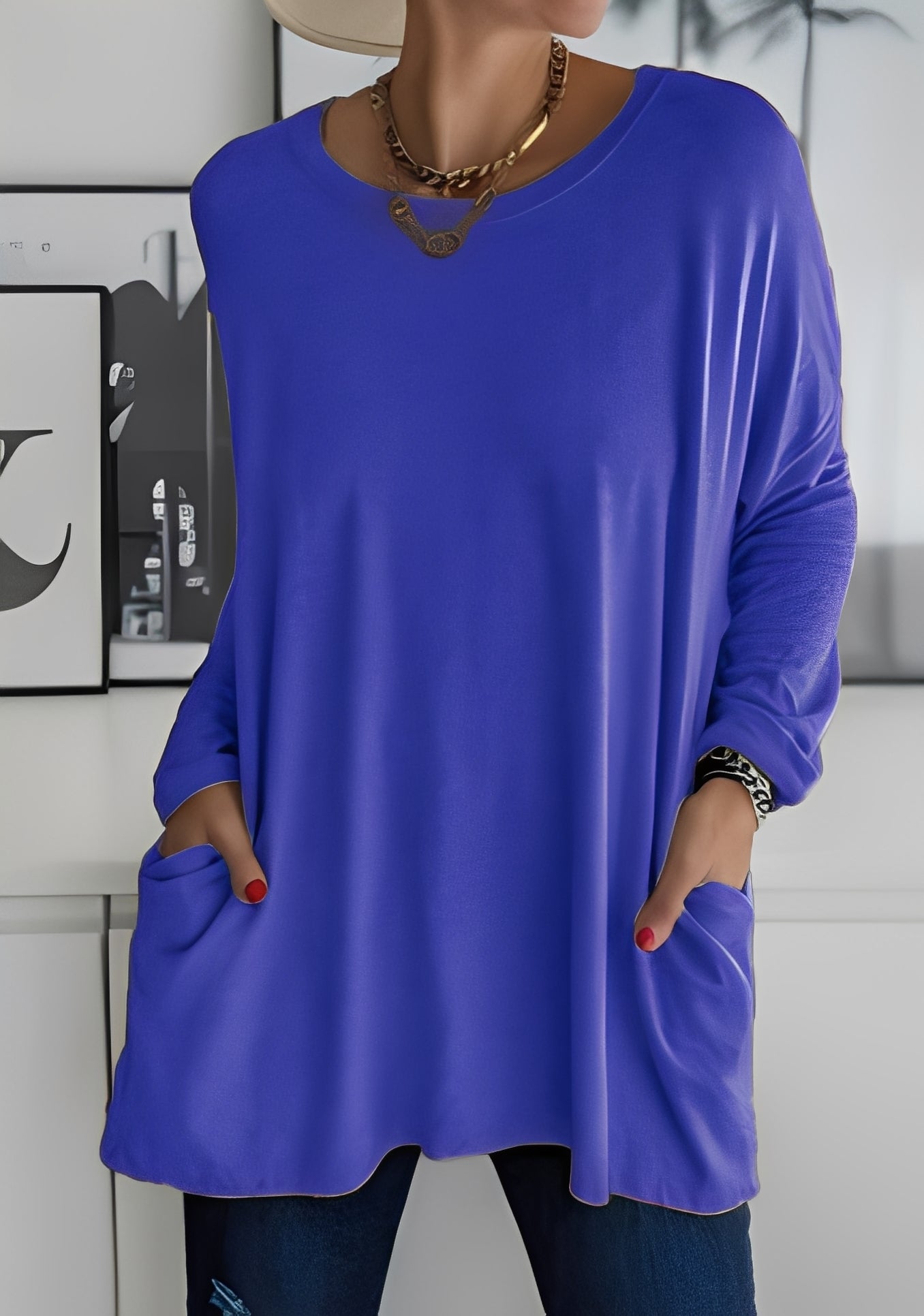 Krystle - Camiseta de manga larga suelta con bolsillos para mujer