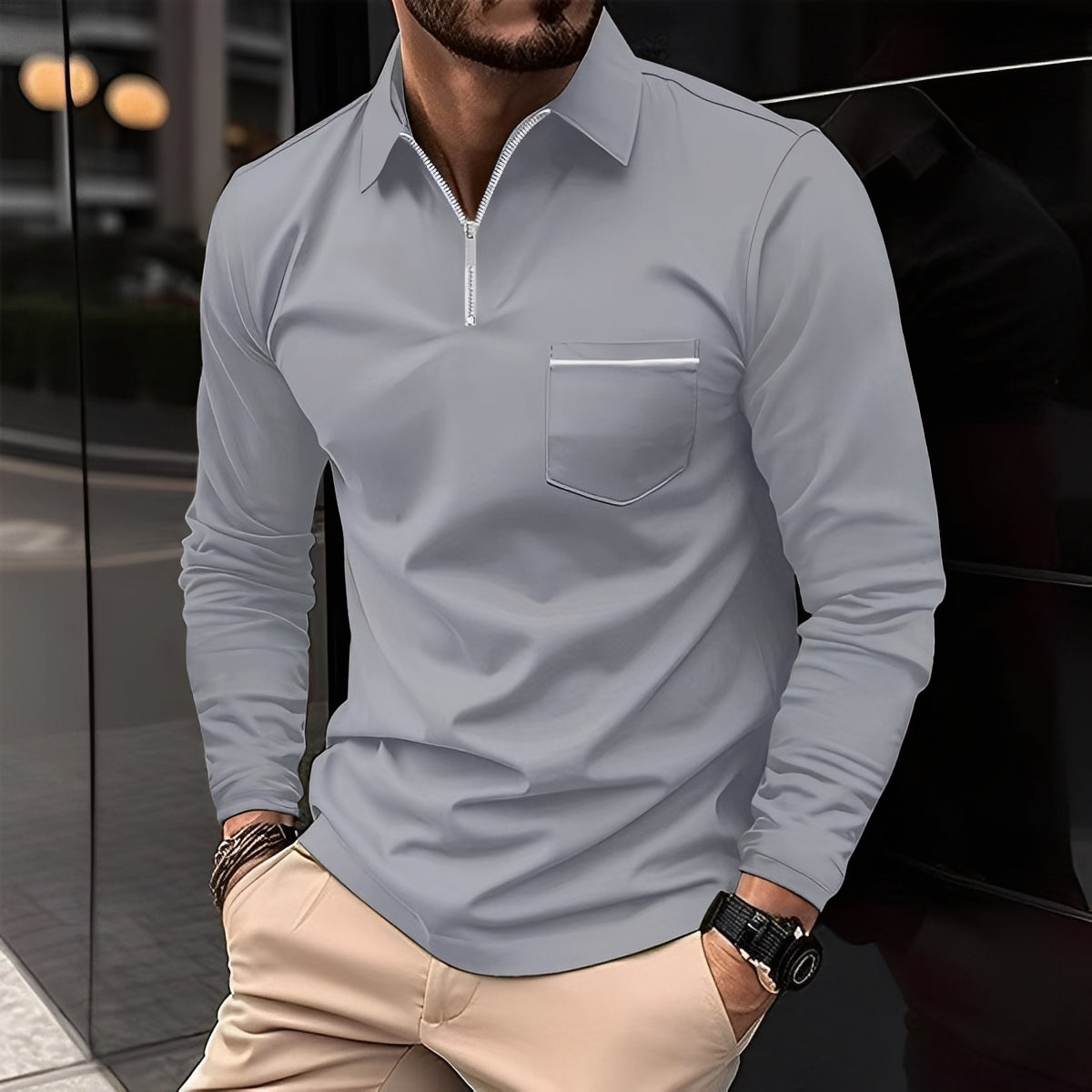 Bernard - Camisa Polo de Manga Larga Casual con Bolsillo para Hombres