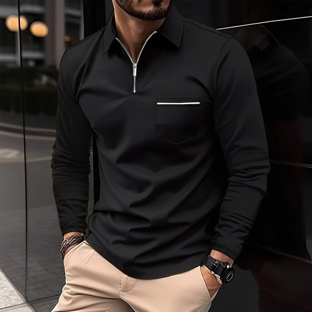 Bernard - Camisa Polo de Manga Larga Casual con Bolsillo para Hombres