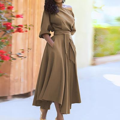 Dahlia - Elegante vestido sin hombros con cinturón para mujeres