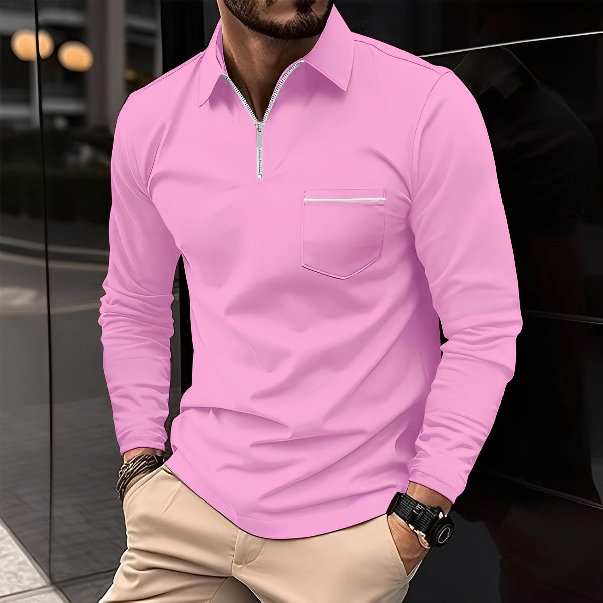 Bernard - Camisa Polo de Manga Larga Casual con Bolsillo para Hombres