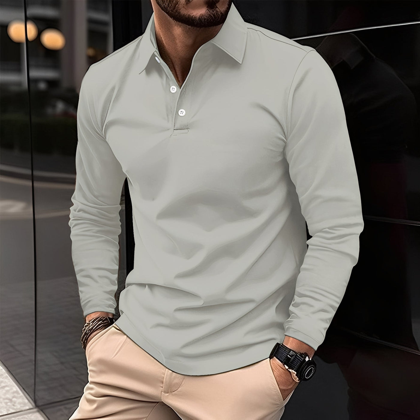Dudley - Camisa Polo Casual de Manga Larga con Botones para Hombres
