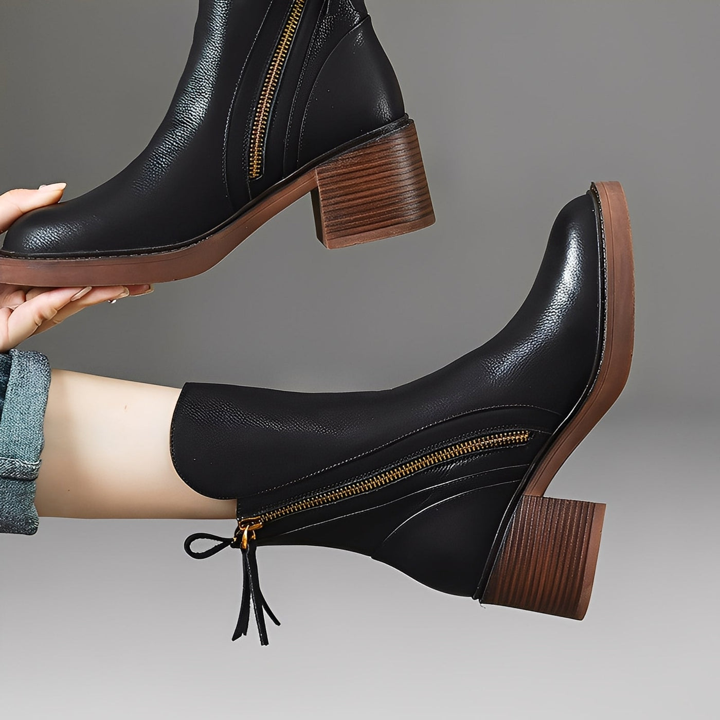 Pamella - Clásicas botas de cuero altas al tobillo para mujeres