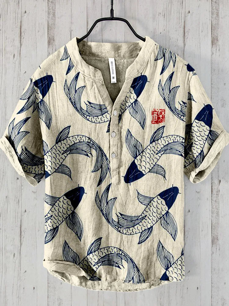 Ogie - Camisa de Lino con Diseño Artístico Inspirado en Peces Vintage
