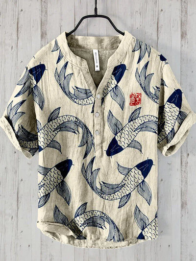 Ogie - Camisa de Lino con Diseño Artístico Inspirado en Peces Vintage