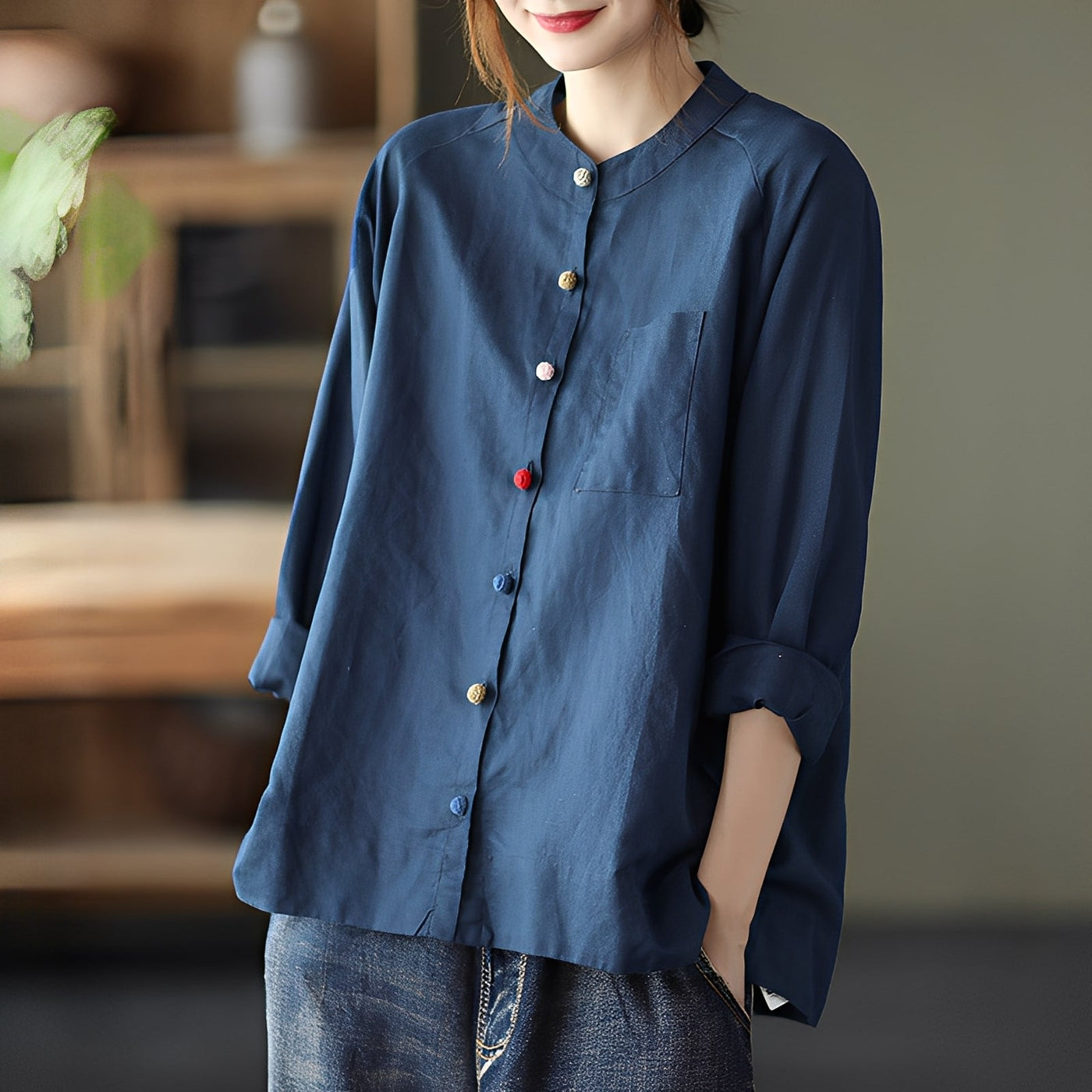 Helen - Blusa de manga larga holgada con bolsillos para mujeres