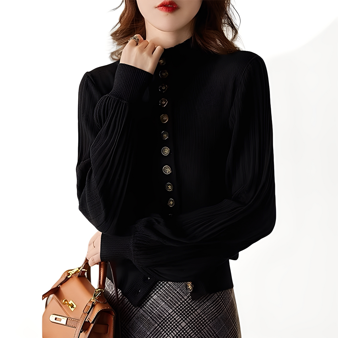 Adelyn - Top de punto casual con mangas de farol para mujer