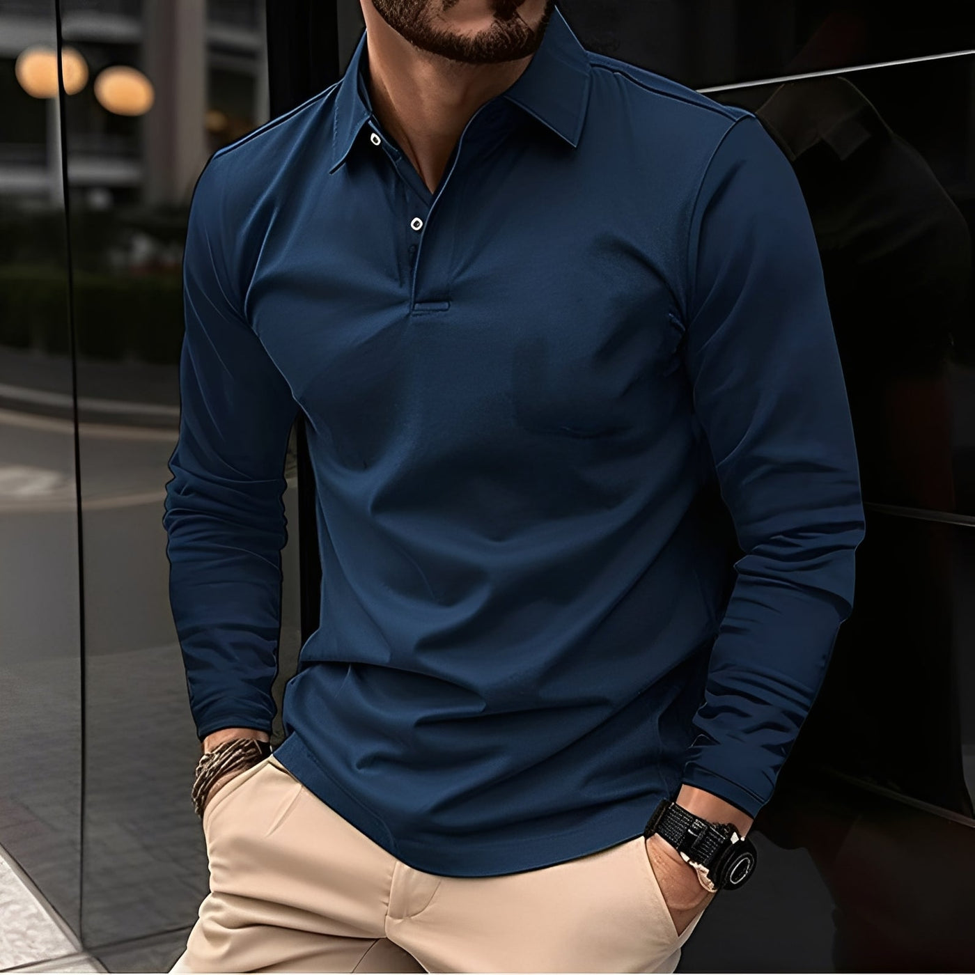 Dudley - Camisa Polo Casual de Manga Larga con Botones para Hombres