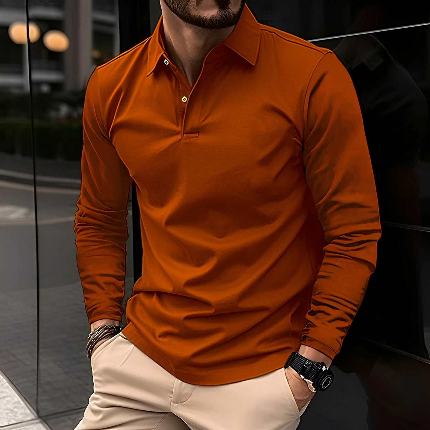 Dudley - Camisa Polo Casual de Manga Larga con Botones para Hombres