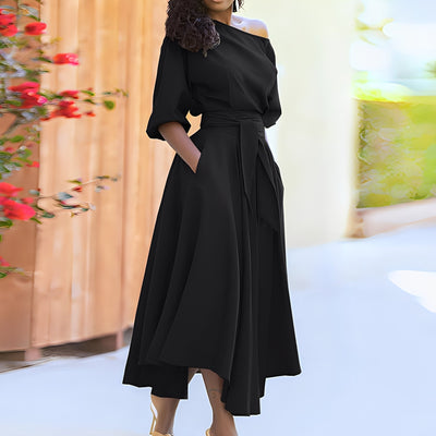 Dahlia - Elegante vestido sin hombros con cinturón para mujeres