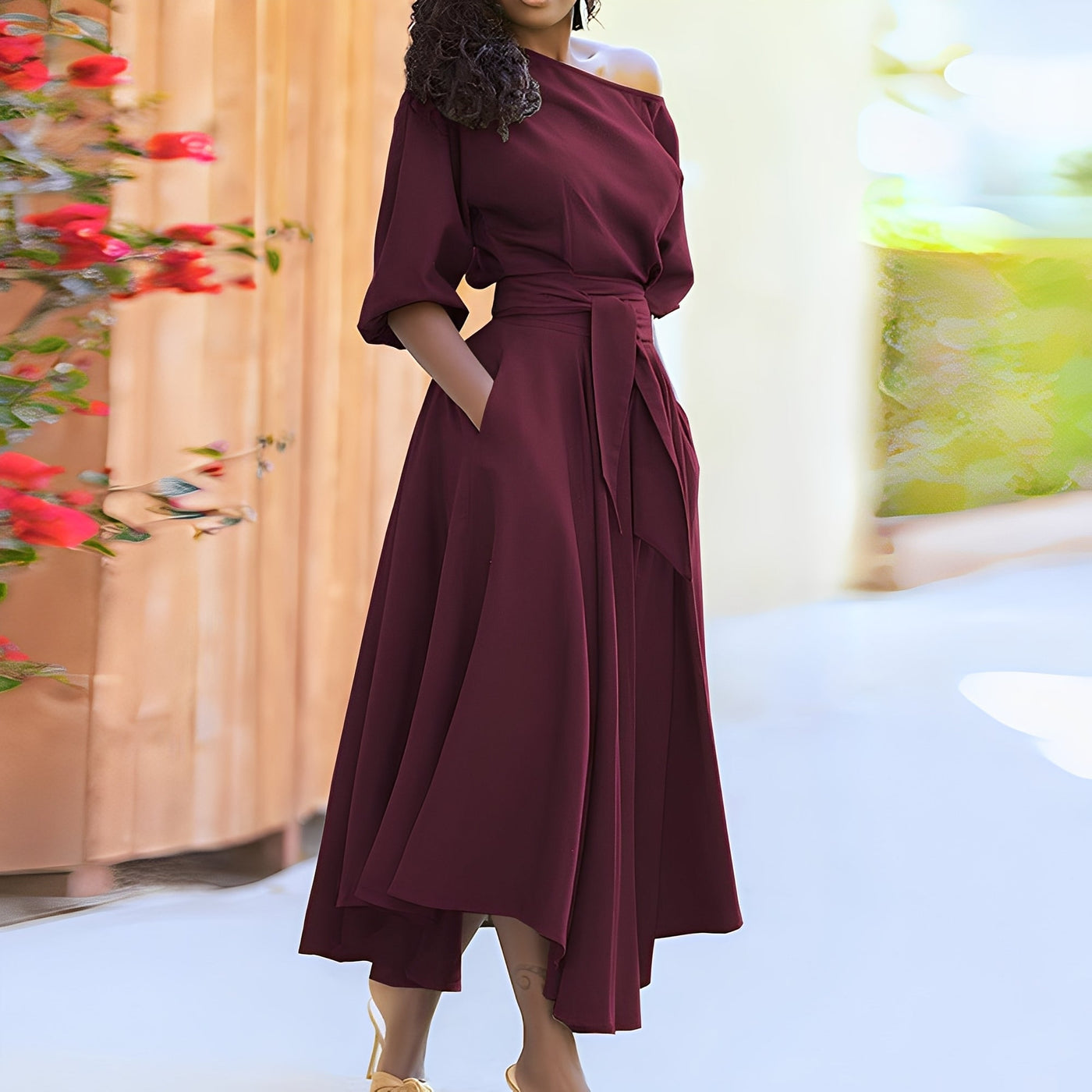Dahlia - Elegante vestido sin hombros con cinturón para mujeres