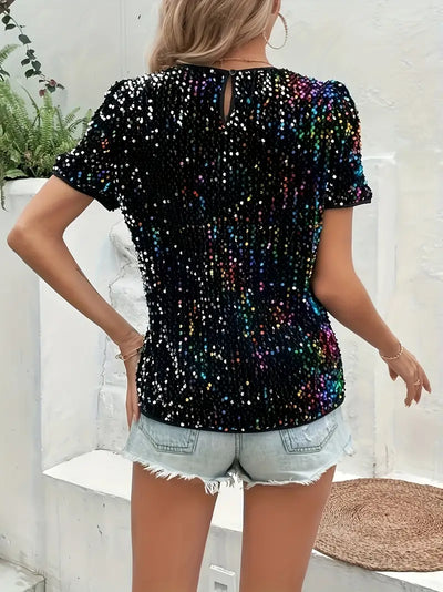 Gina - Camiseta de cuello redondo con decoración de lentejuelas
