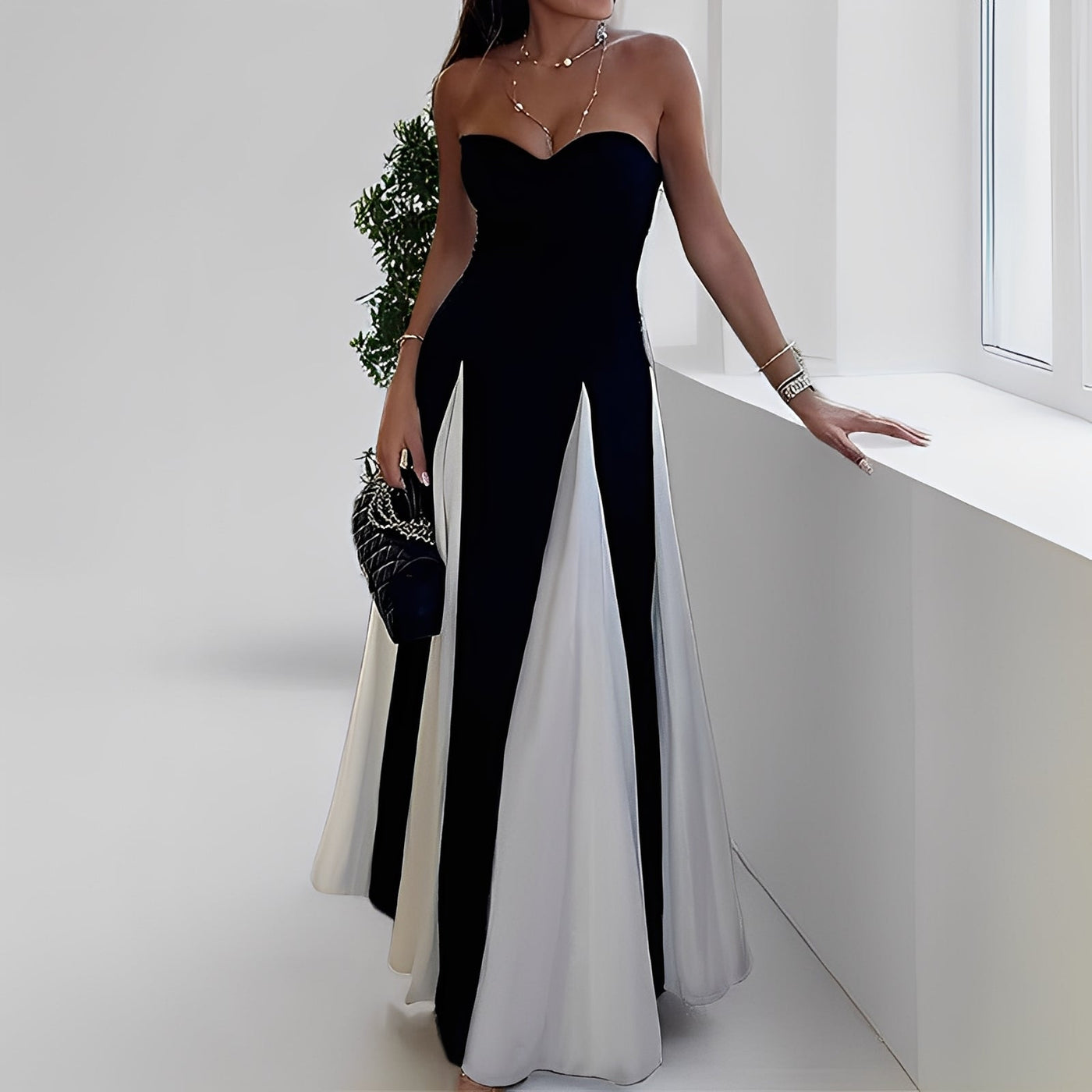 Charisse - Elegante vestido de contraste con gran dobladillo para mujeres