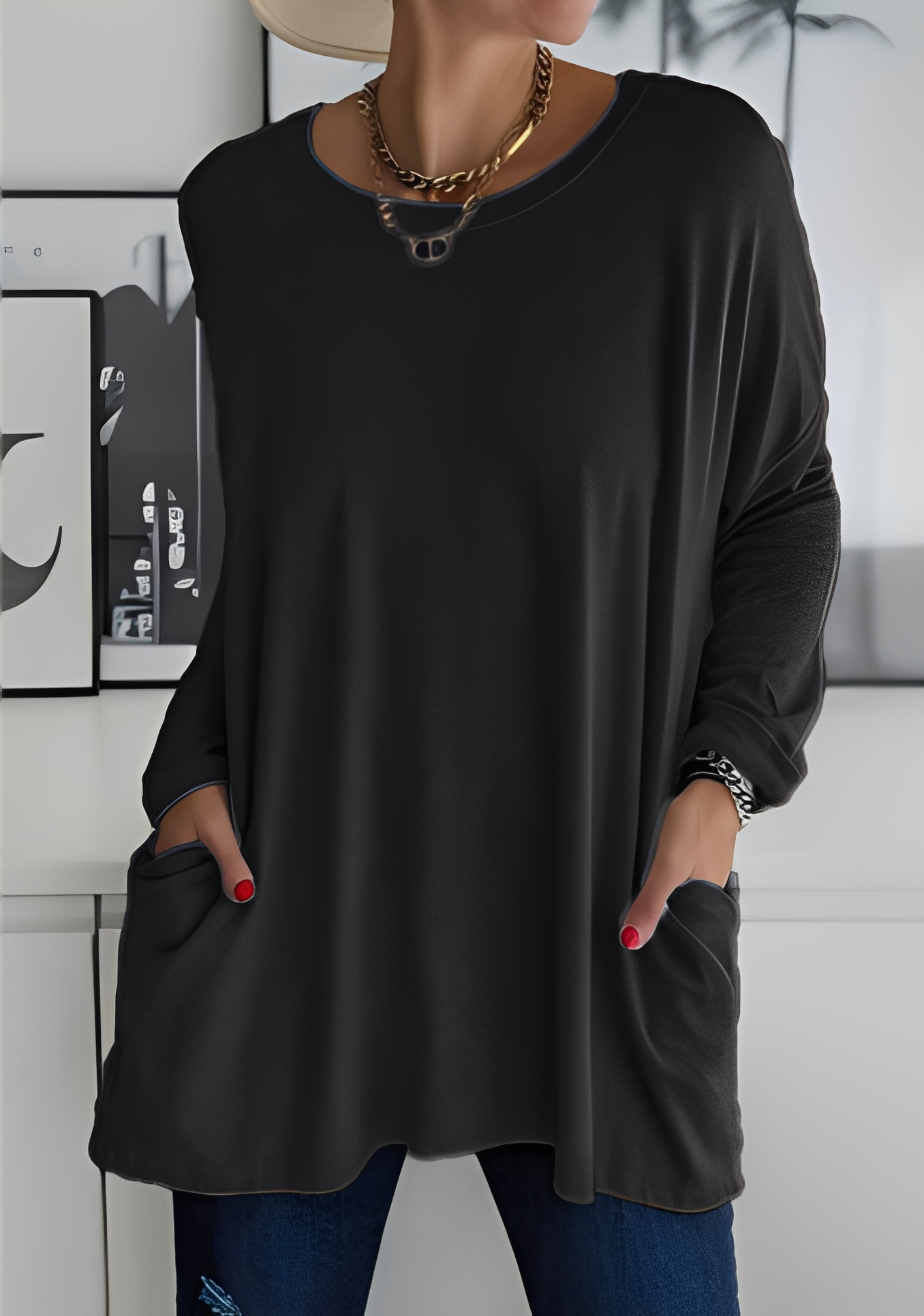 Krystle - Camiseta de manga larga suelta con bolsillos para mujer