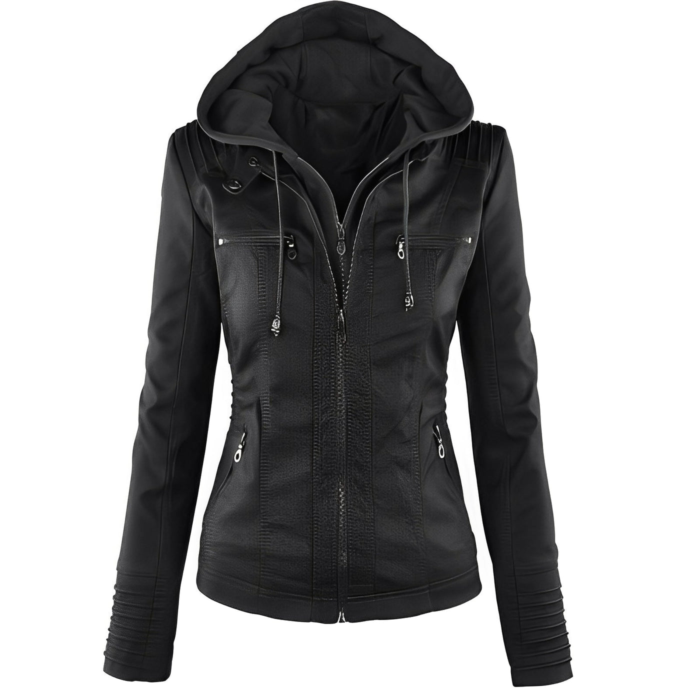 Janene - Casual, impermeable chaqueta de cuero con capucha para mujeres
