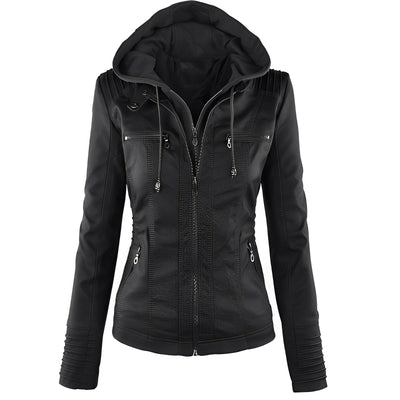 Janene - Casual, impermeable chaqueta de cuero con capucha para mujeres