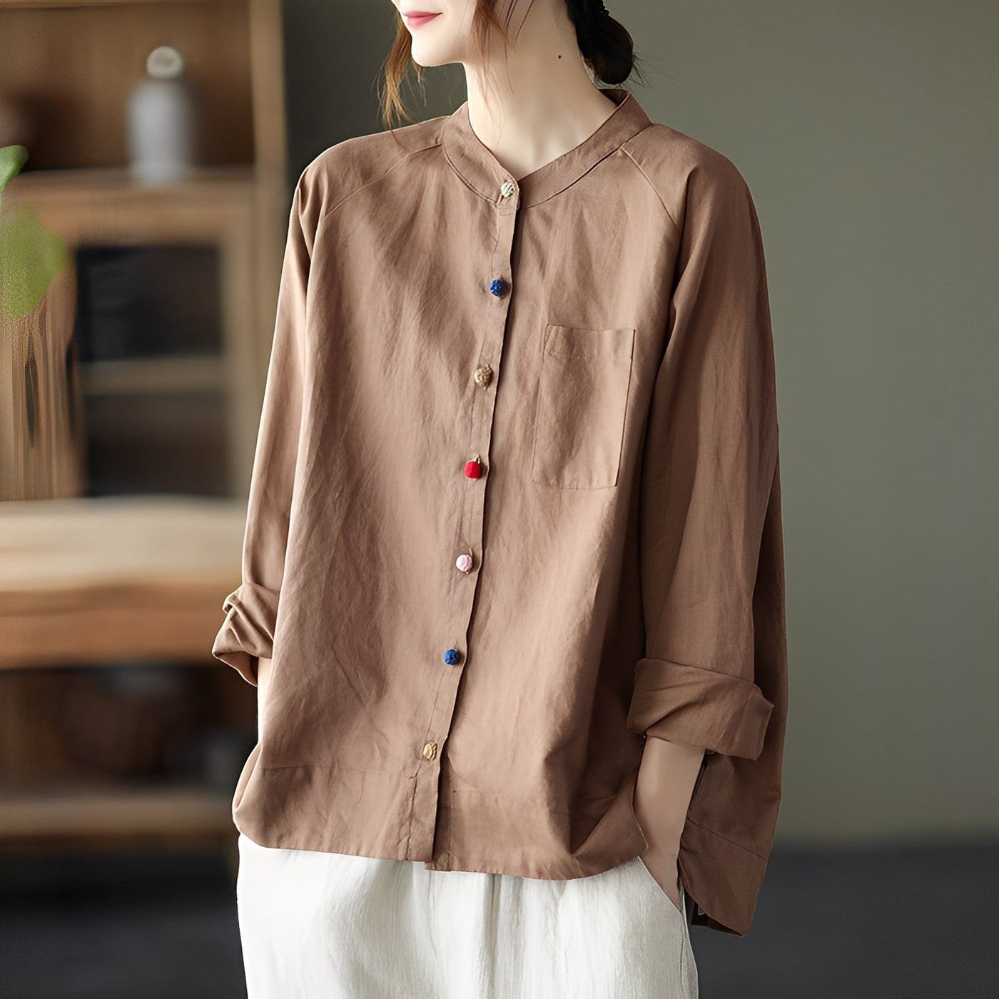 Helen - Blusa de manga larga holgada con bolsillos para mujeres