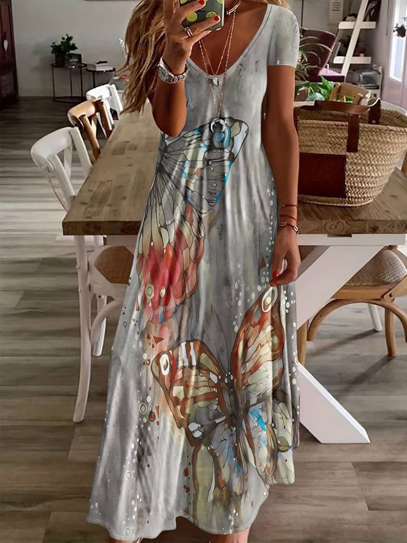 Sara - Vestido con Escote en V y Mariposas para Primavera y Verano