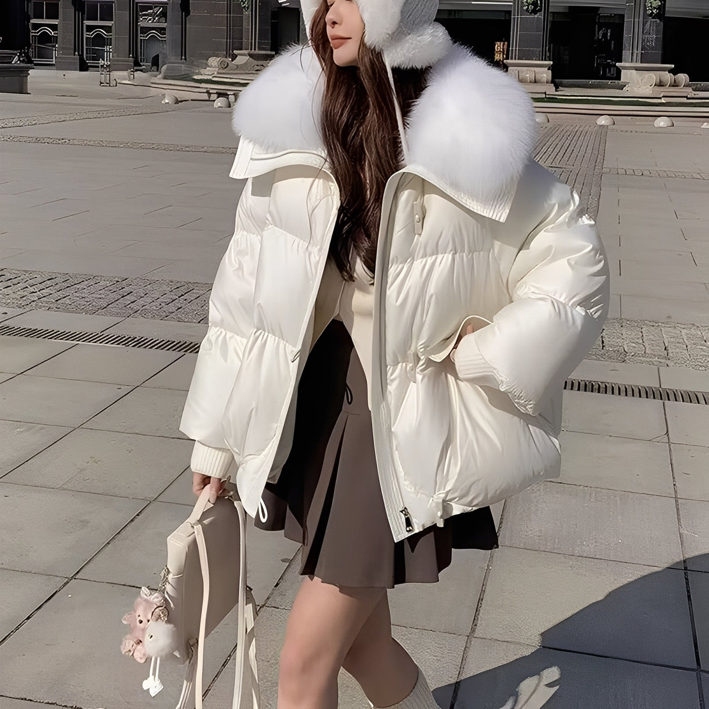 Victoria - elegante chaqueta de plumas rompevientos con cuello de piel para mujeres