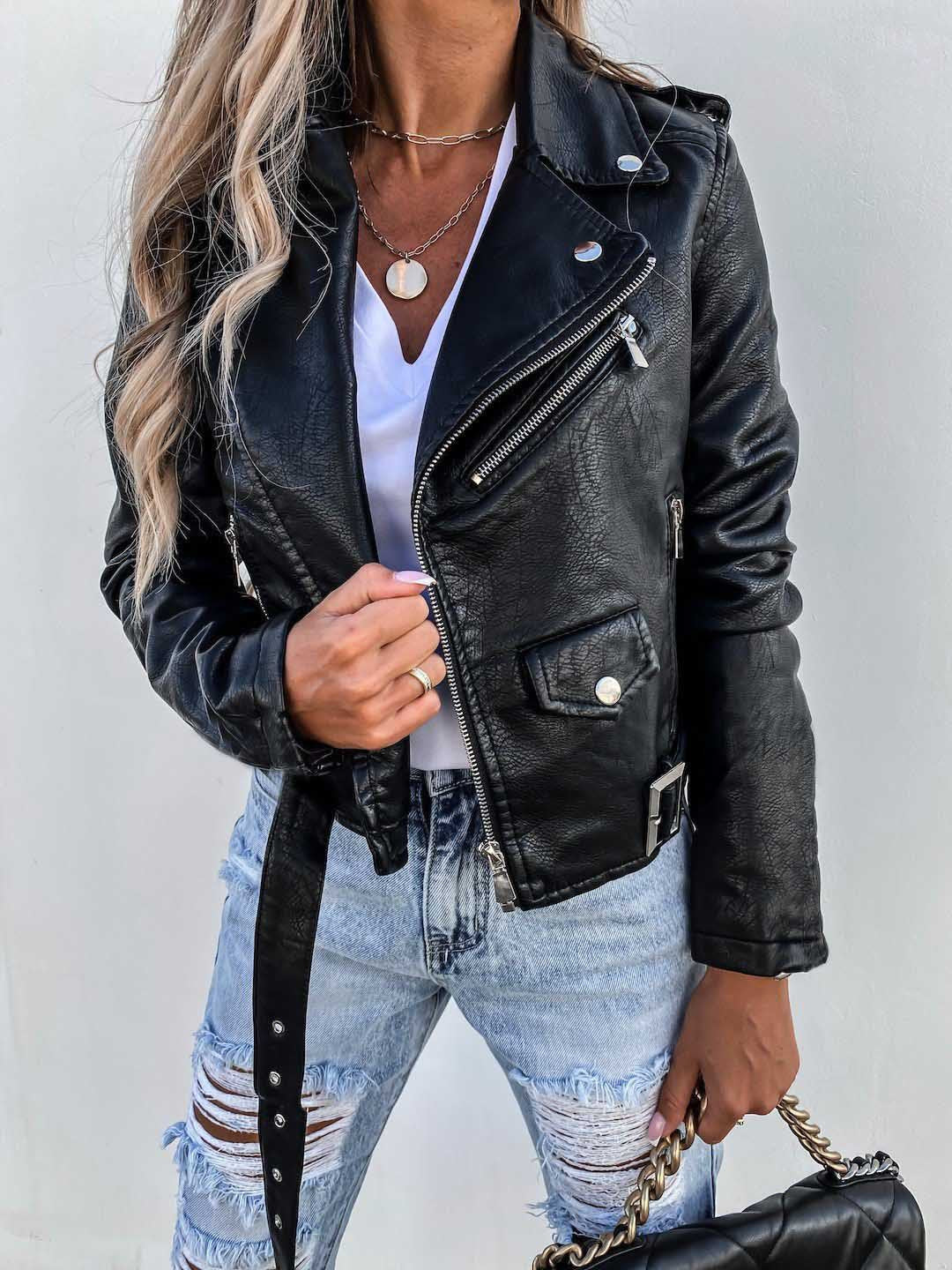 Alivia - Chaqueta de cuero elegante con cremallera para mujeres