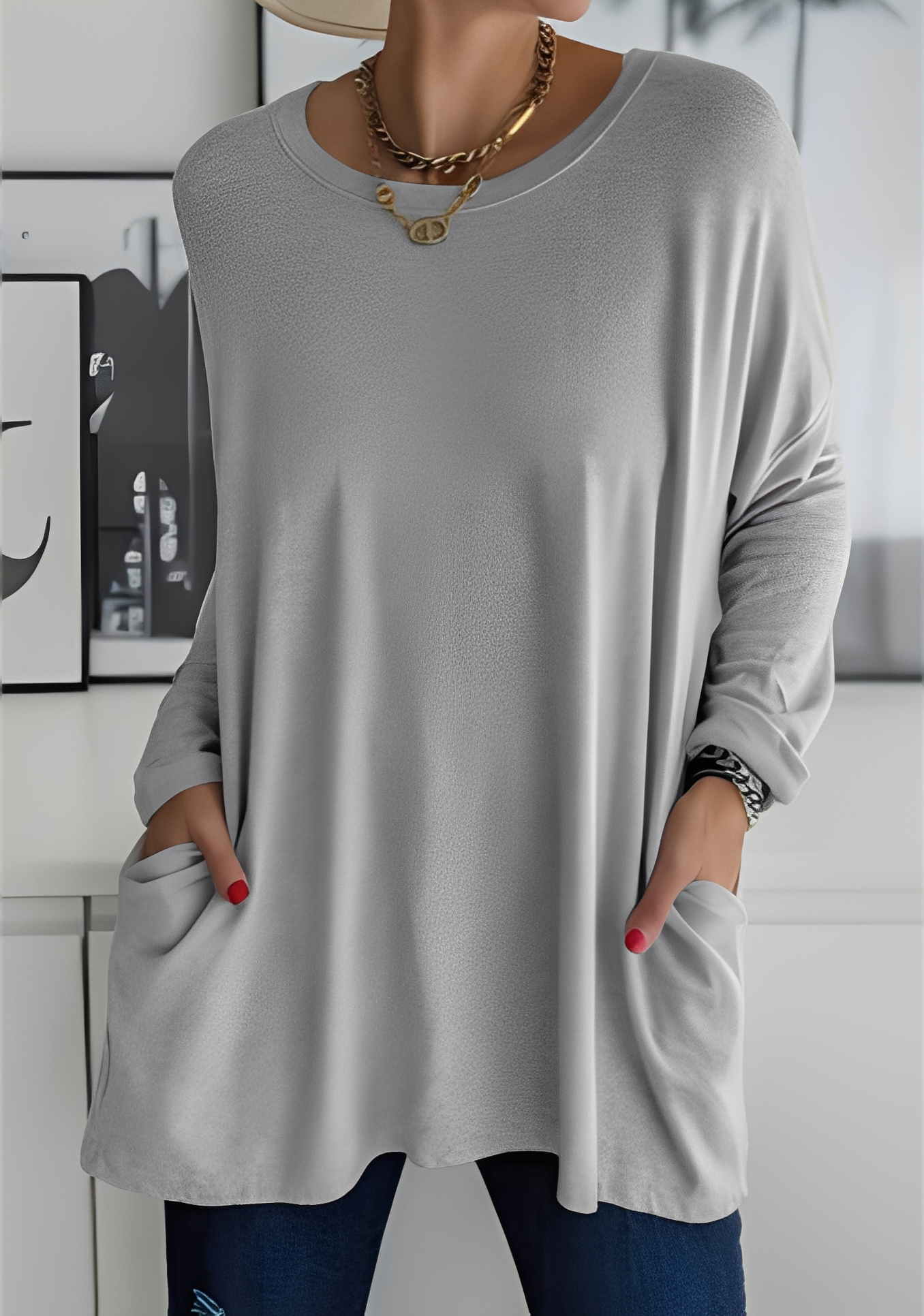 Krystle - Camiseta de manga larga suelta con bolsillos para mujer