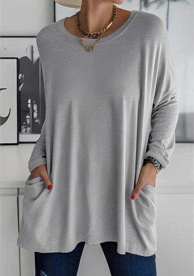 Krystle - Camiseta de manga larga suelta con bolsillos para mujer