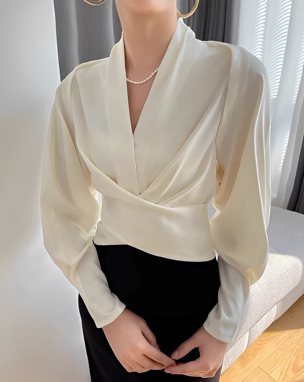 Annora - Elegante blusa de satén de manga larga para mujer