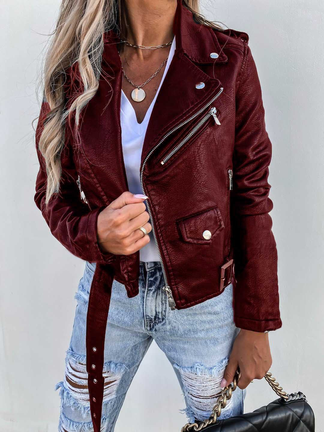Alivia - Chaqueta de cuero elegante con cremallera para mujeres