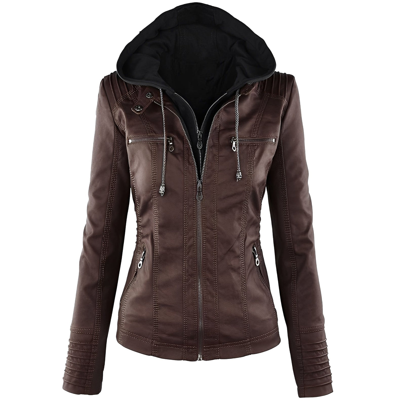 Janene - Casual, impermeable chaqueta de cuero con capucha para mujeres