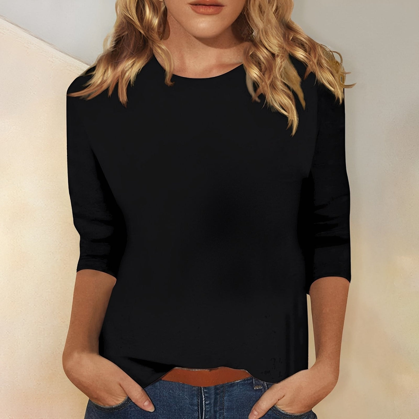 Katherina - Camiseta de manga larga casual con cuello redondo para mujer