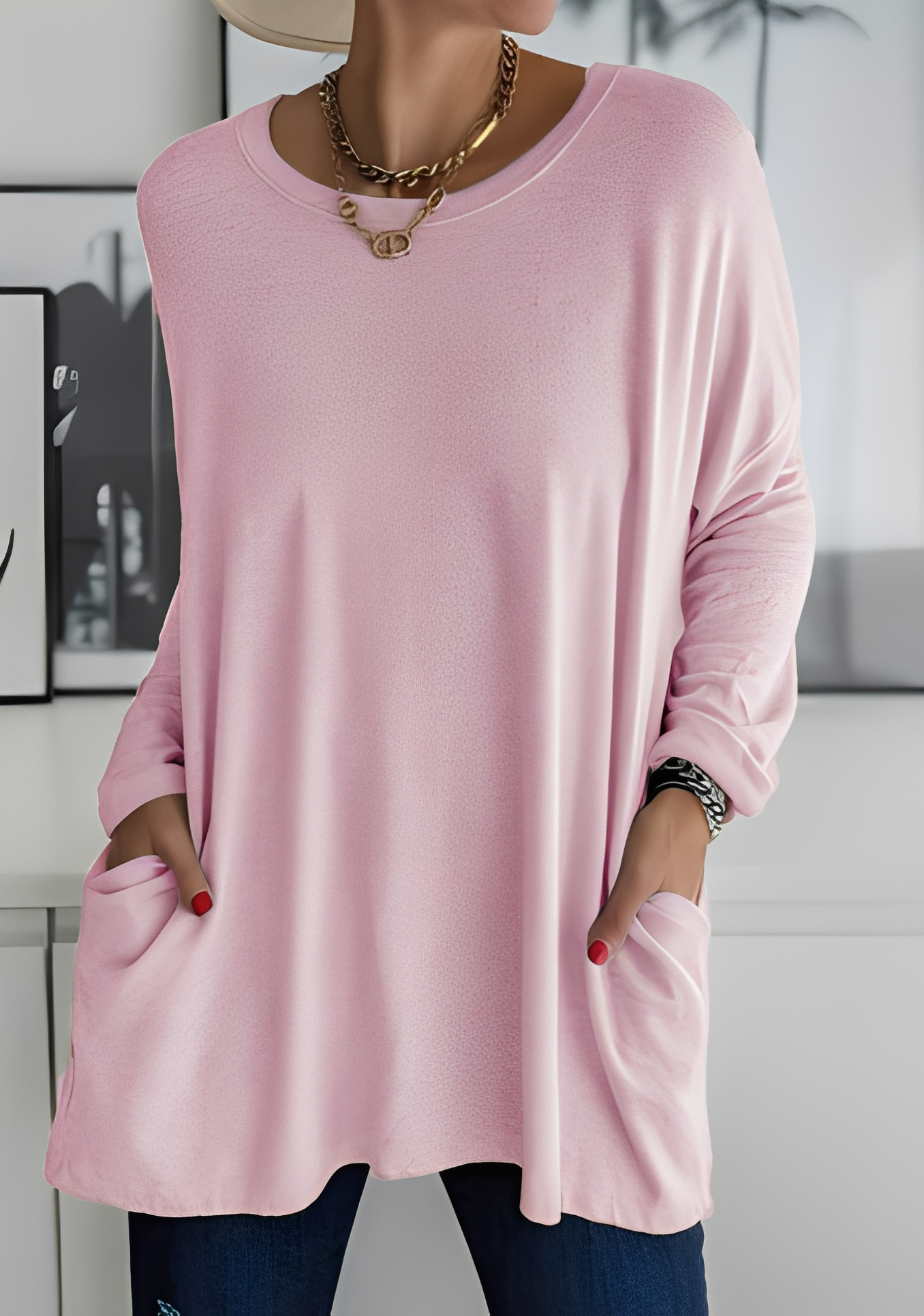 Krystle - Camiseta de manga larga suelta con bolsillos para mujer