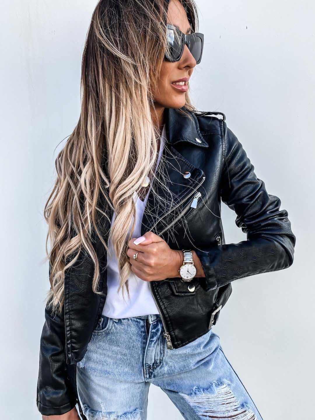 Alivia - Chaqueta de cuero elegante con cremallera para mujeres