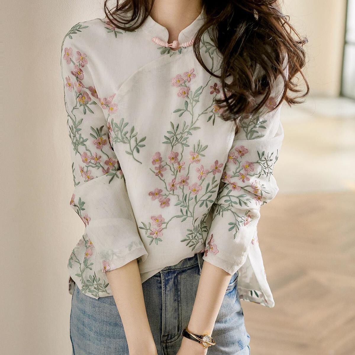 Charnette - Elegante blusa de lino bordada para mujer