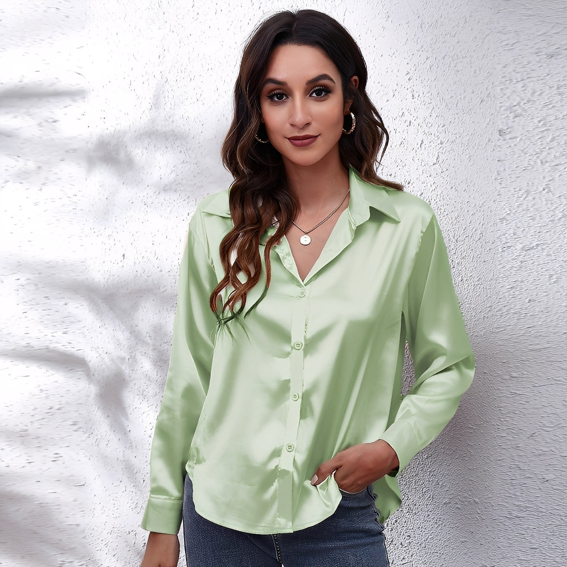 Haylee - Camisa de seda de manga larga casual para mujer