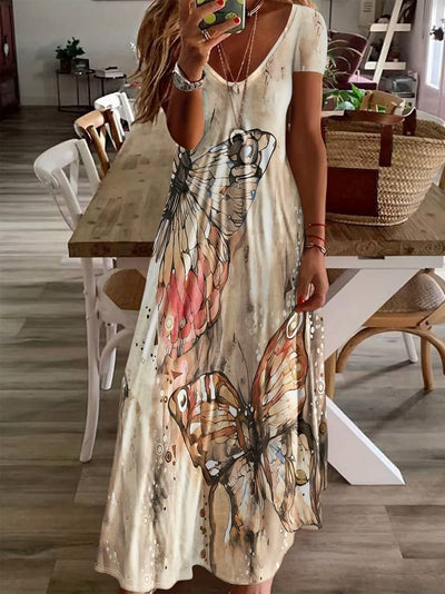 Sara - Vestido con Escote en V y Mariposas para Primavera y Verano