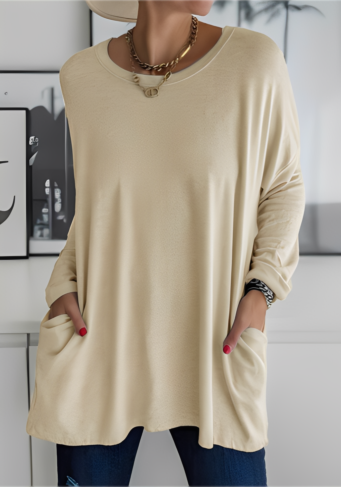 Krystle - Camiseta de manga larga suelta con bolsillos para mujer