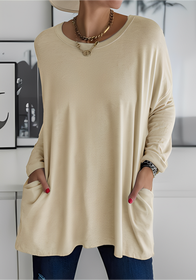 Krystle - Camiseta de manga larga suelta con bolsillos para mujer