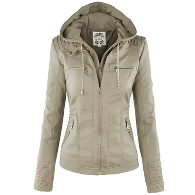 Janene - Casual, impermeable chaqueta de cuero con capucha para mujeres
