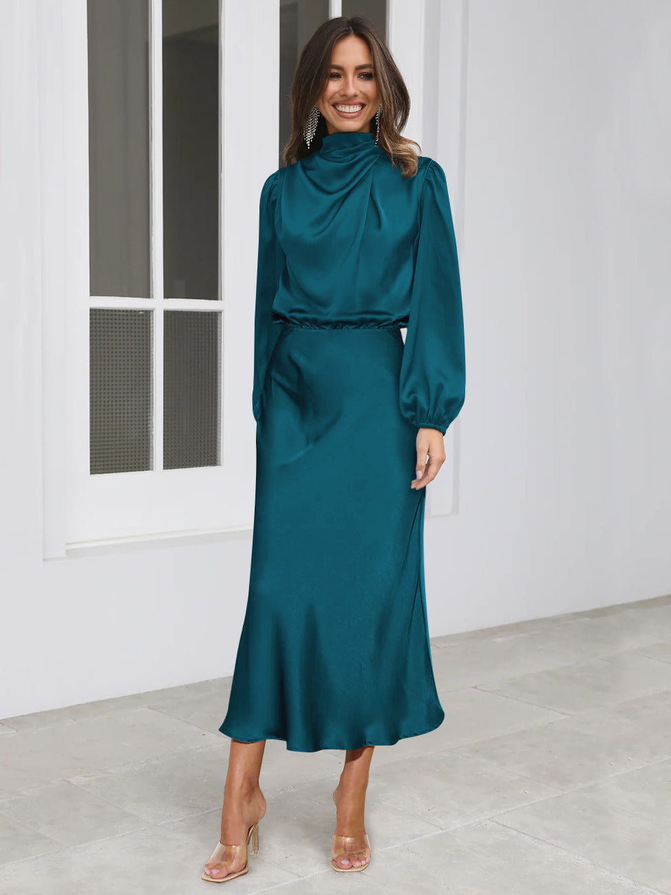 Danica - Vestido formal de manga larga con cuello halter para mujeres