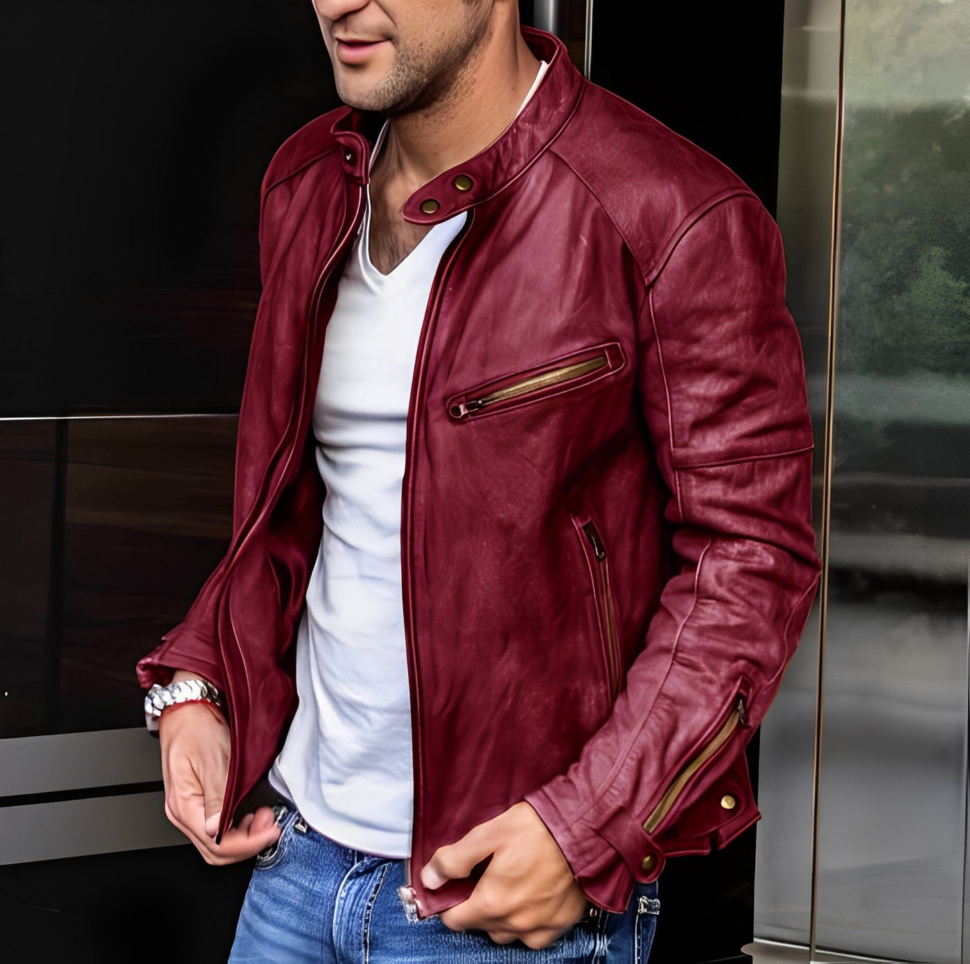 Winston - Versátil chaqueta de cuero con cuello alto para hombres