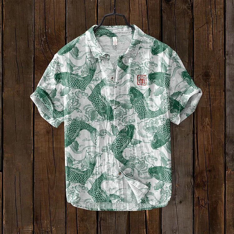 Ogie - Camisa de Lino con Diseño Artístico Inspirado en Peces Vintage